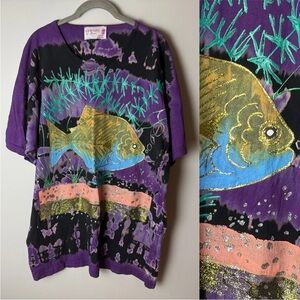 NWOT Hand Painted Tunic Top Size XL Short Sleeves Tie Dye Fish Shimmer Shirt